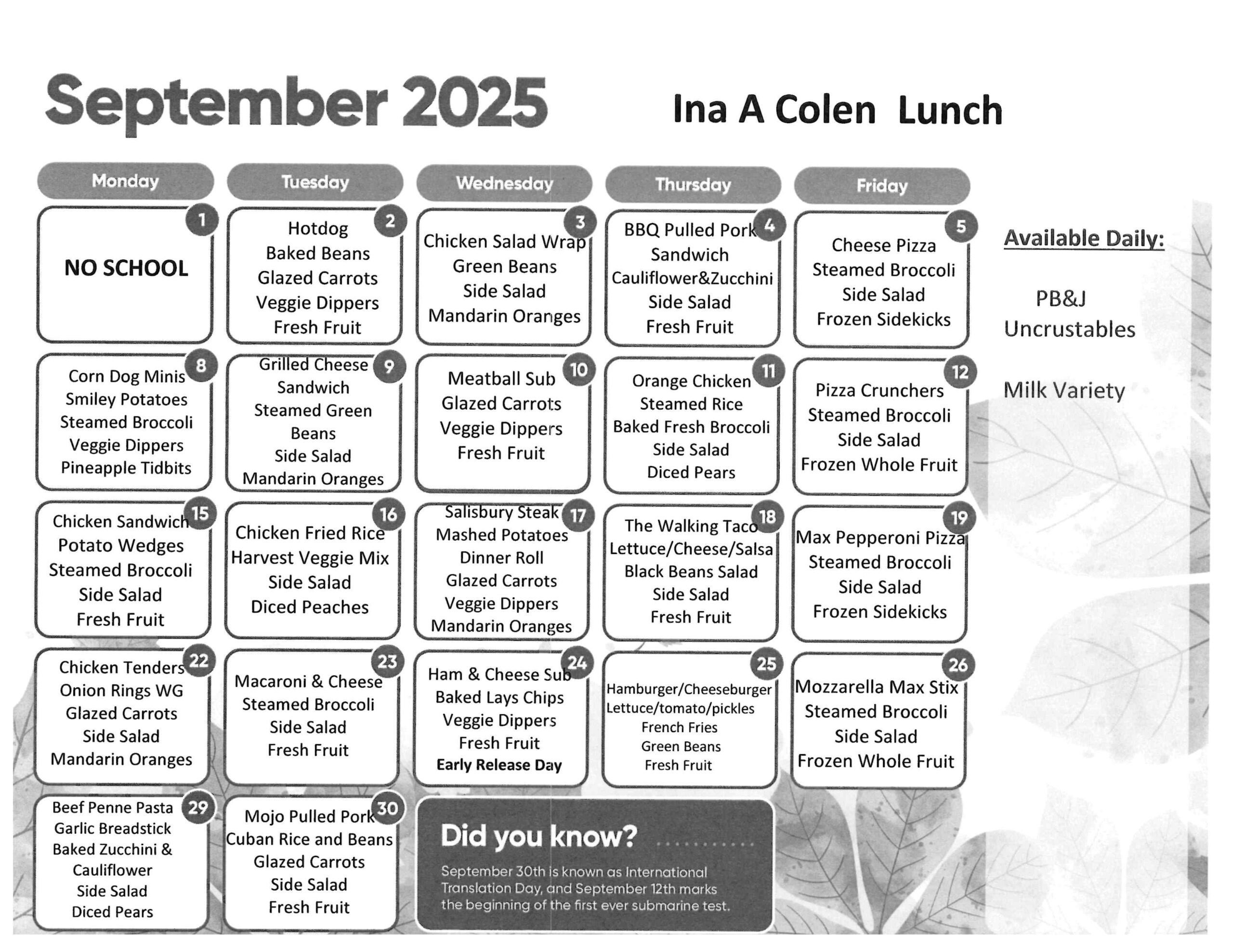 September Lunch Menu