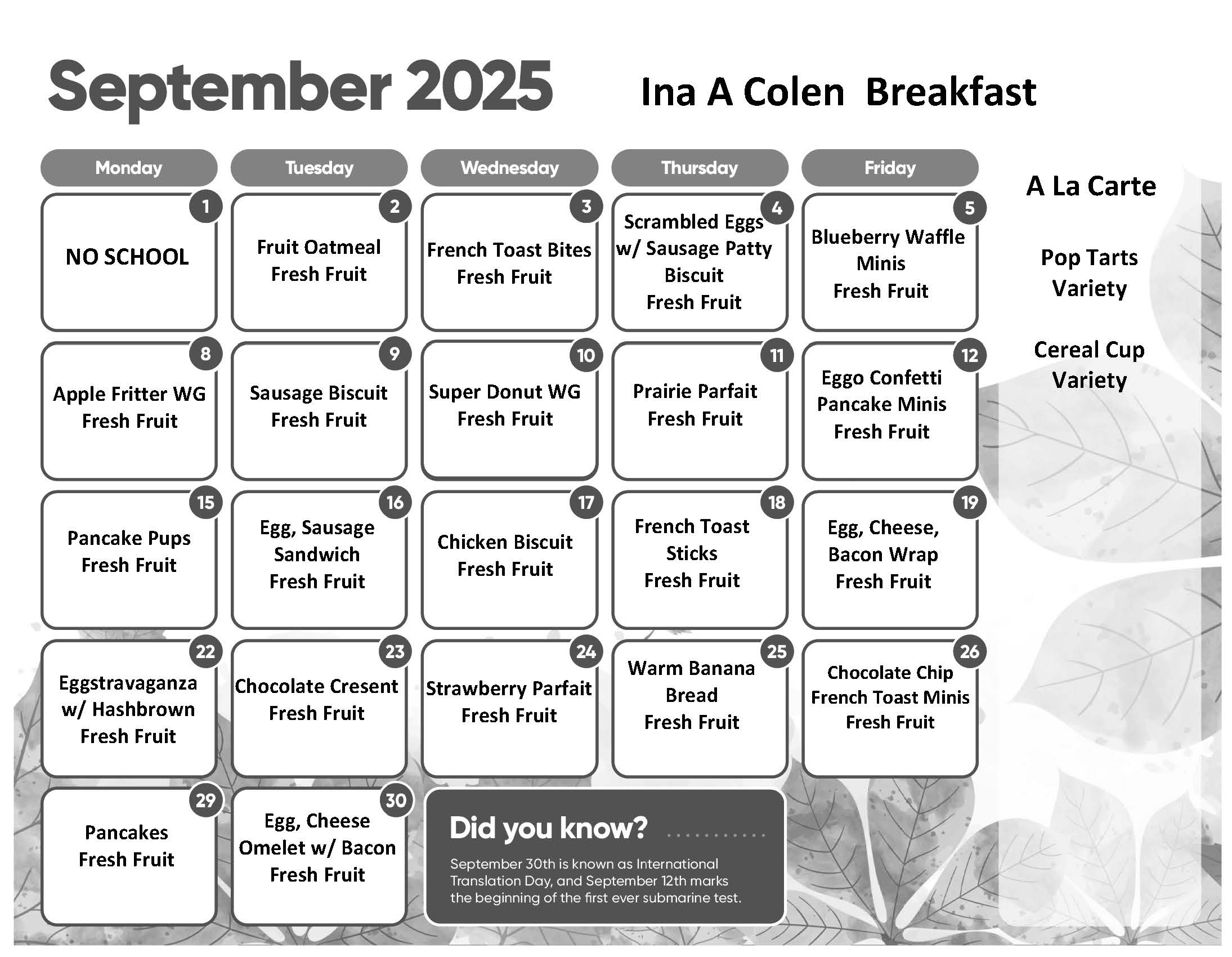 Sept Breakfast Menu 2025
