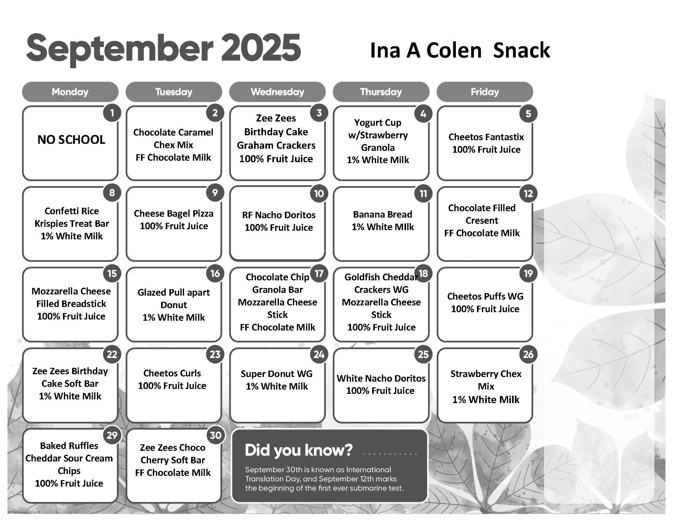 September Snack Menu 2025