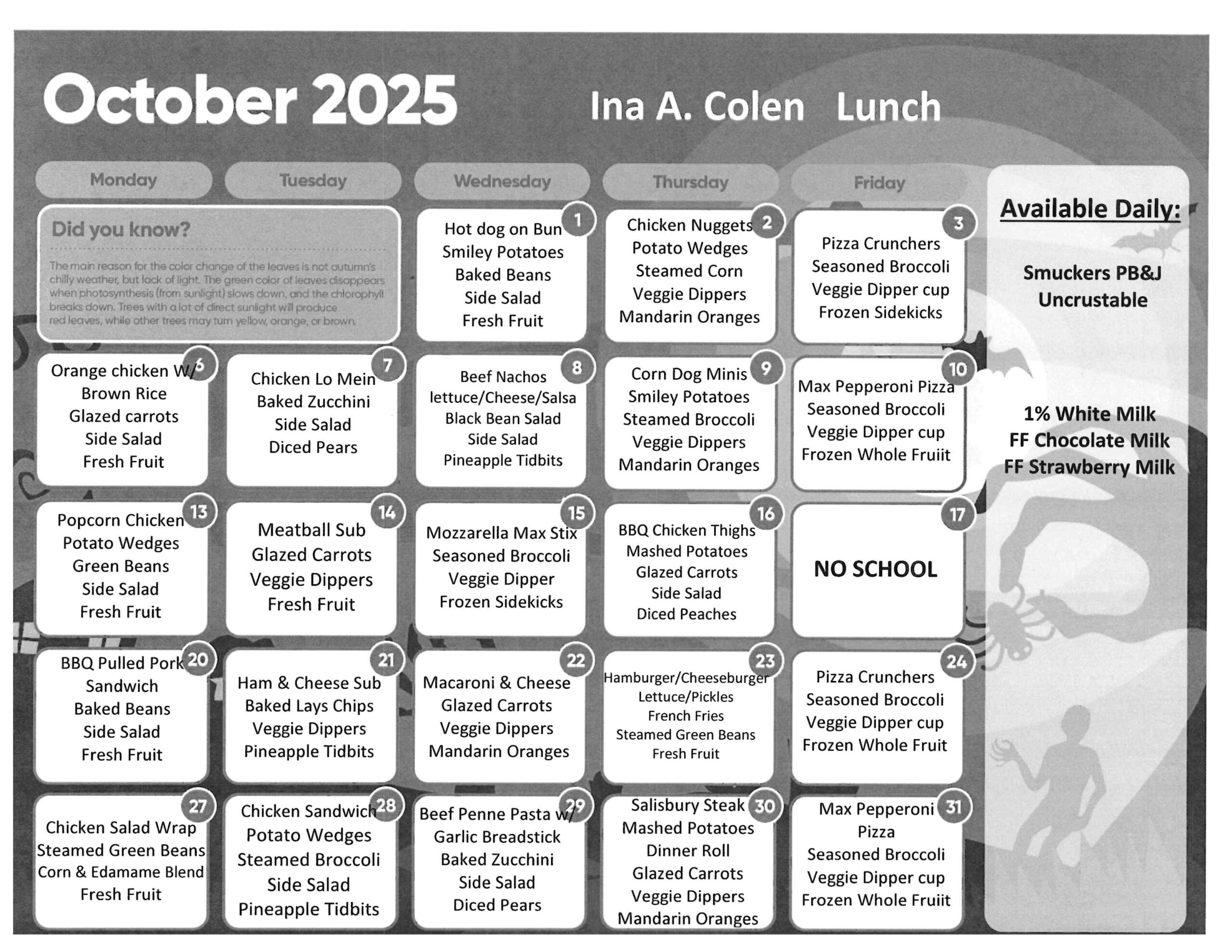 October lunch calendar