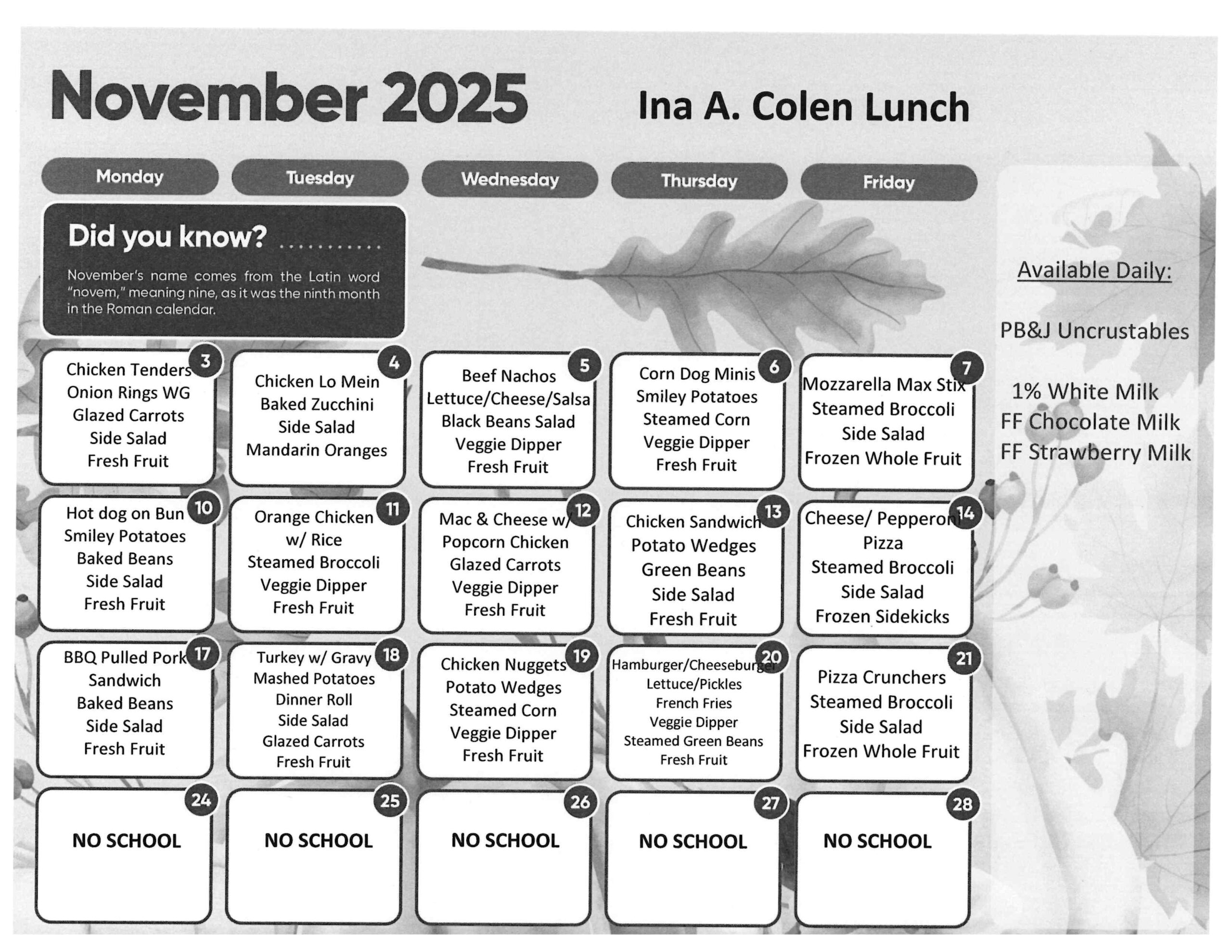November lunch calendar