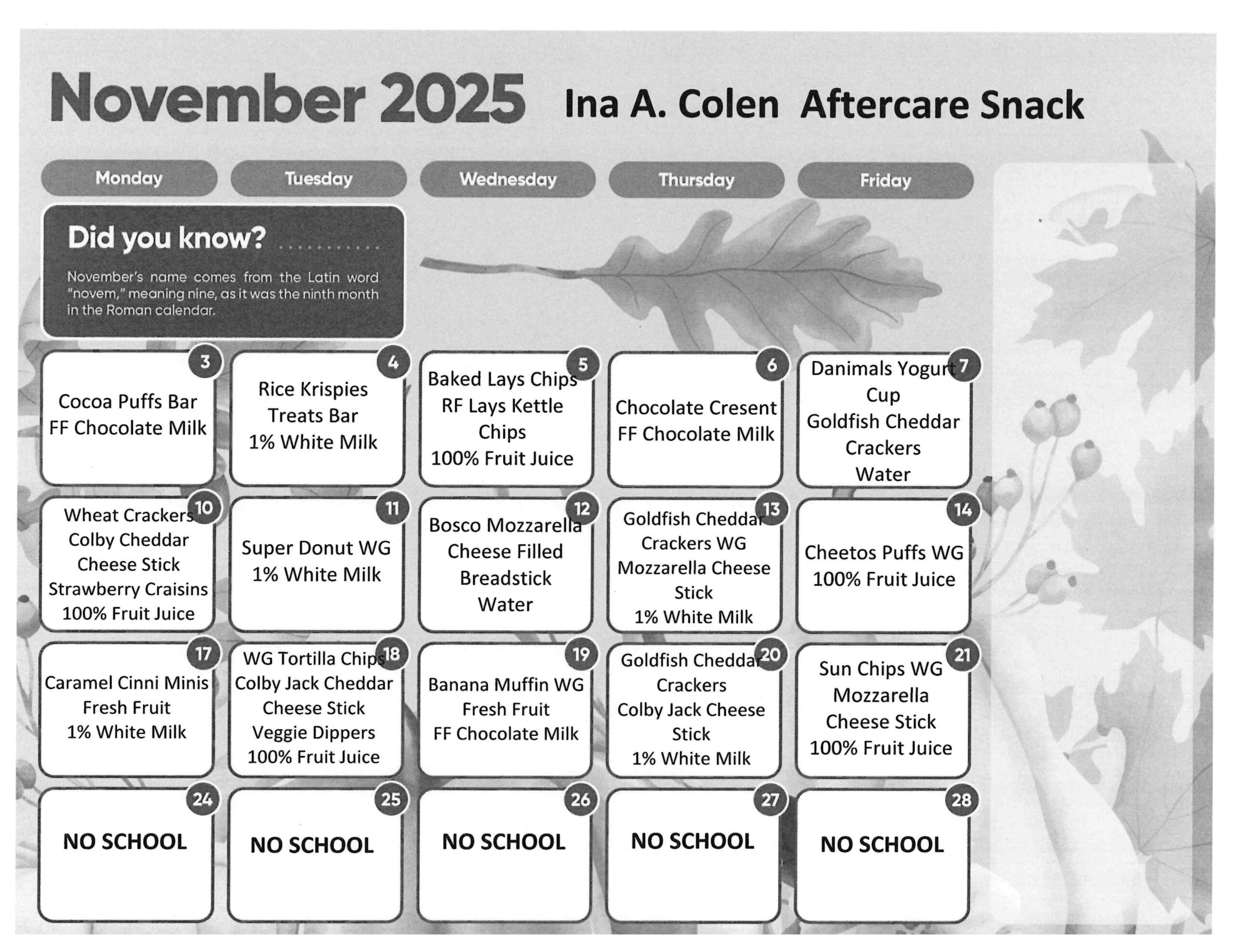 November snack calendar