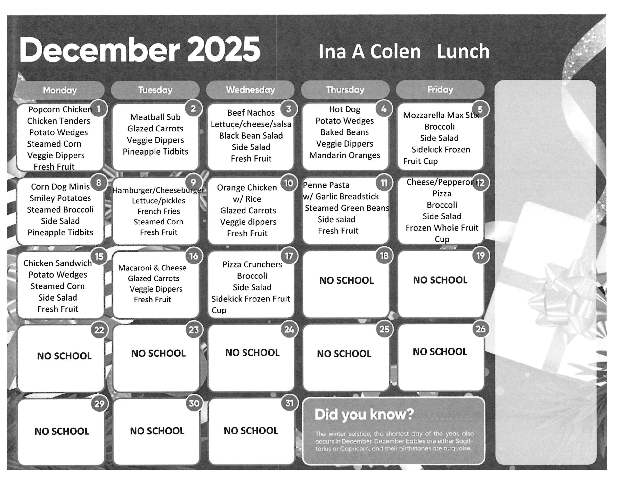 December lunch calendar