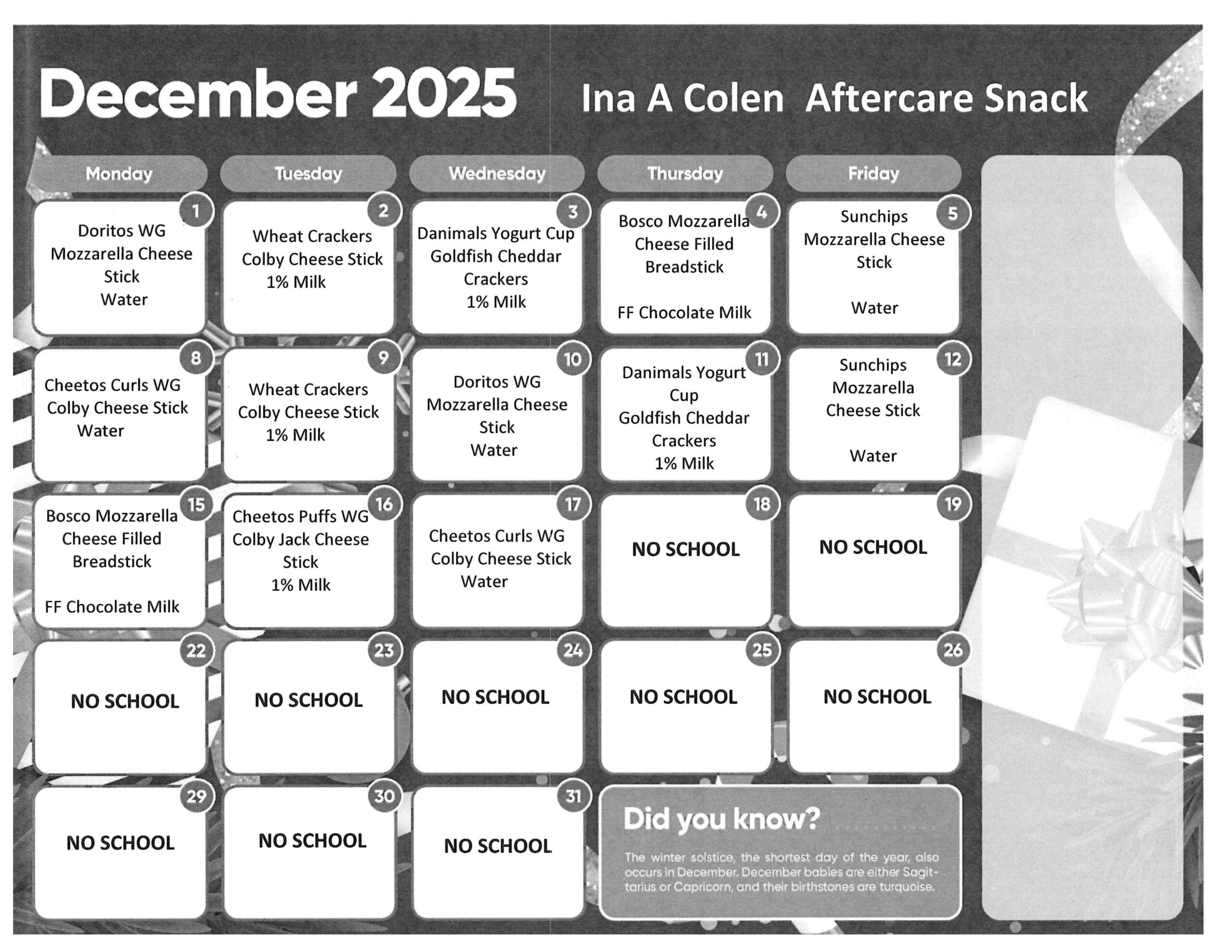 December snack calendar