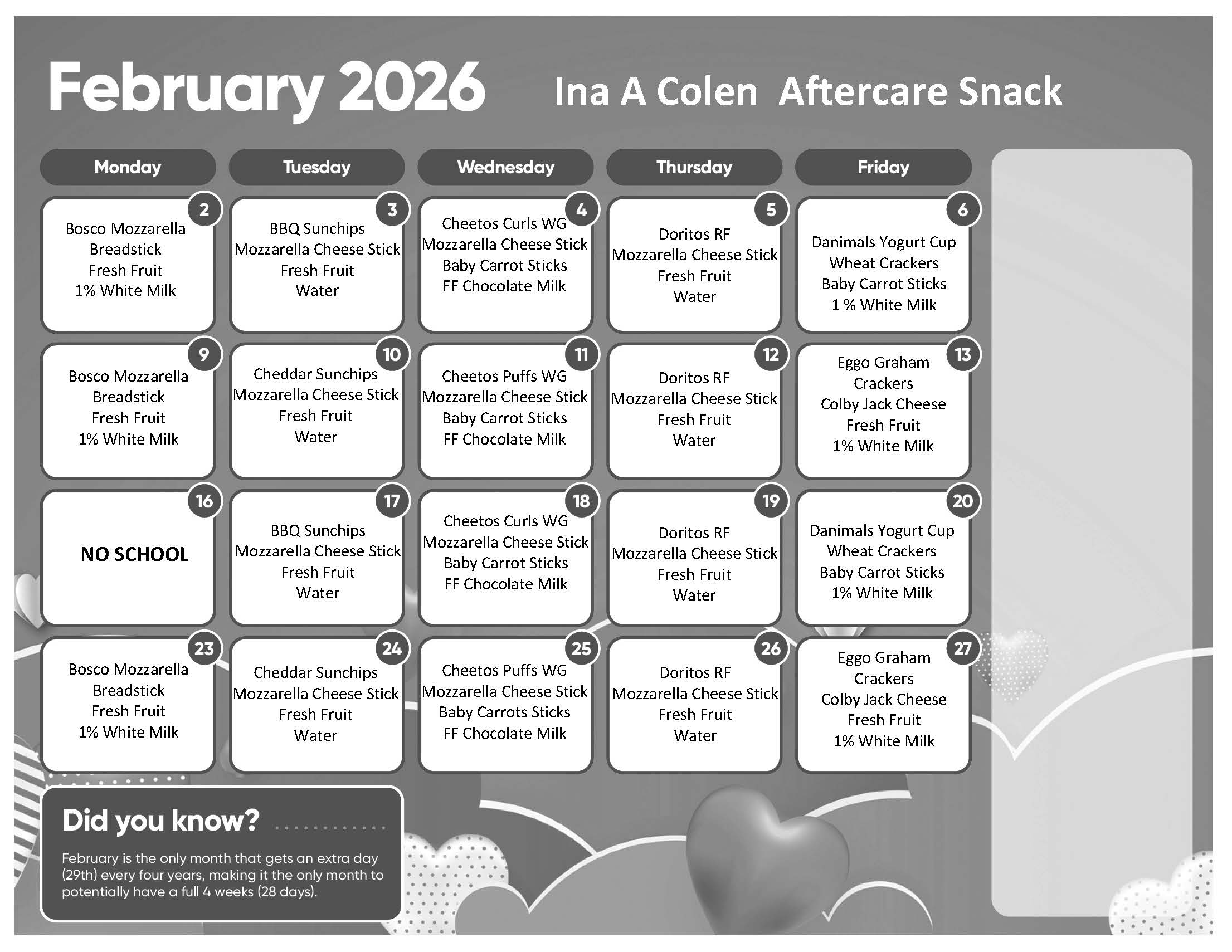 February snack calendar menu