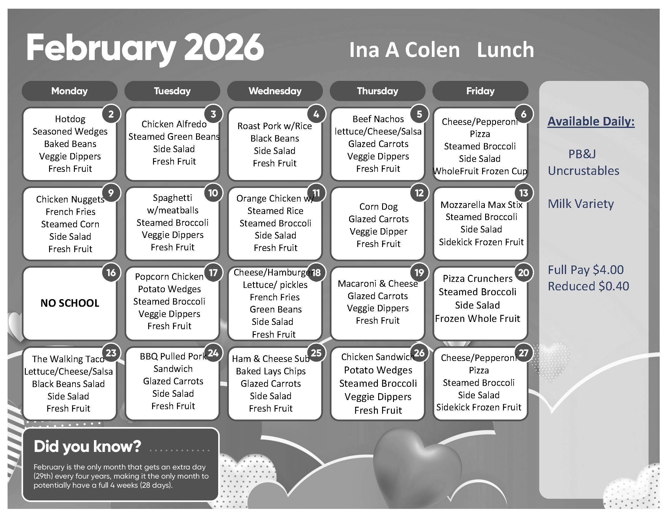 February lunch calendar menu