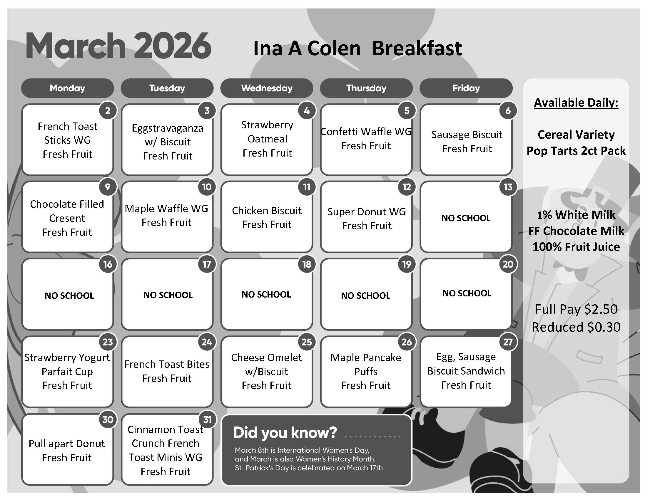 March breakfast calendar menu