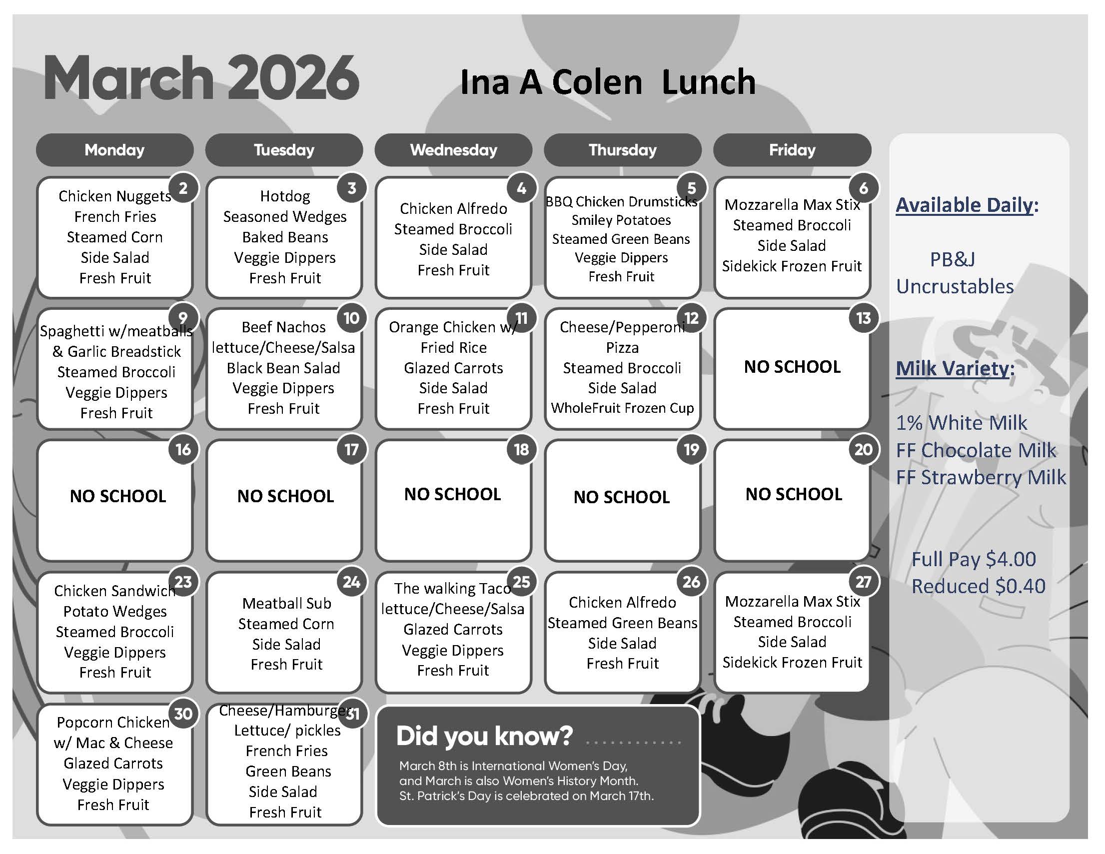 March lunch calendar menu