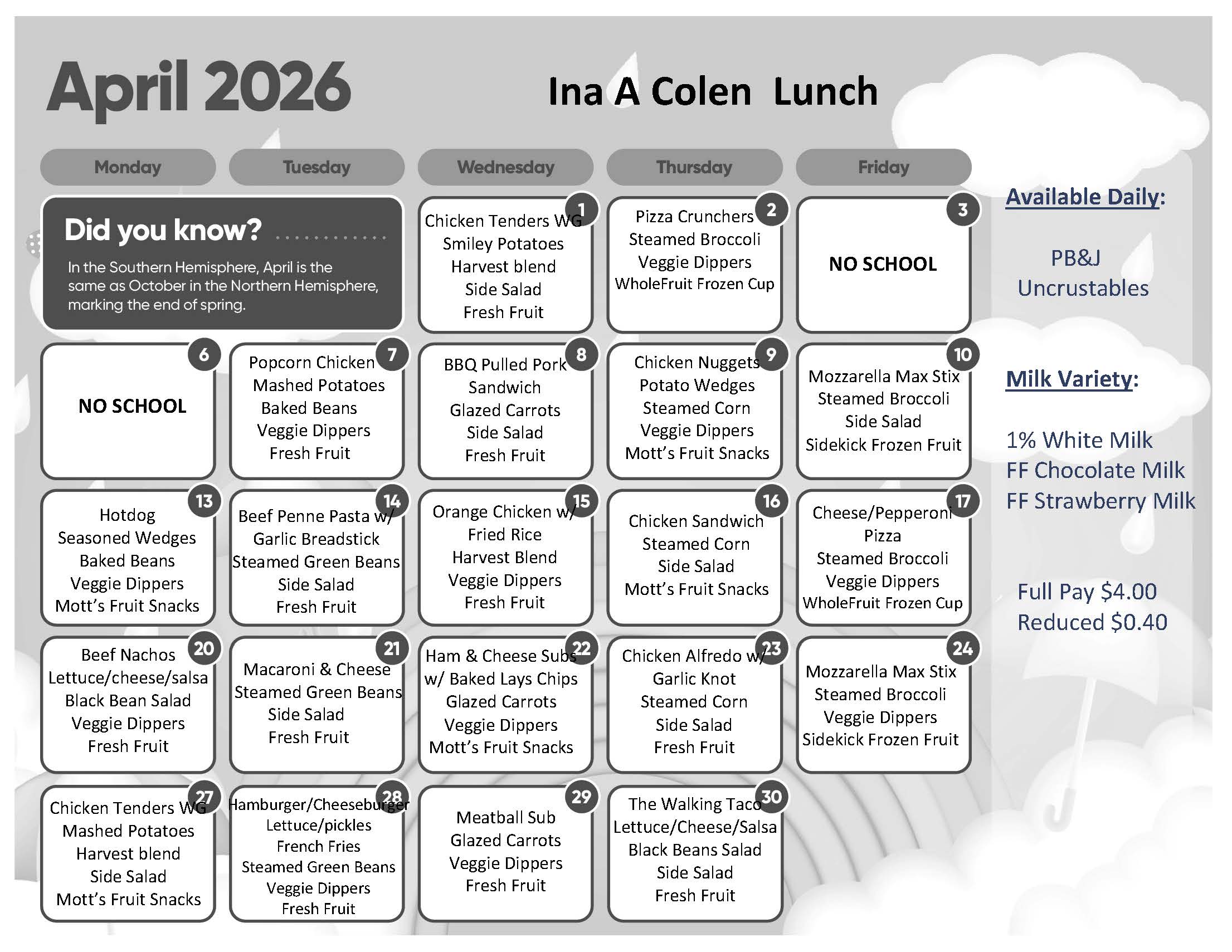 April Lunch Calendar