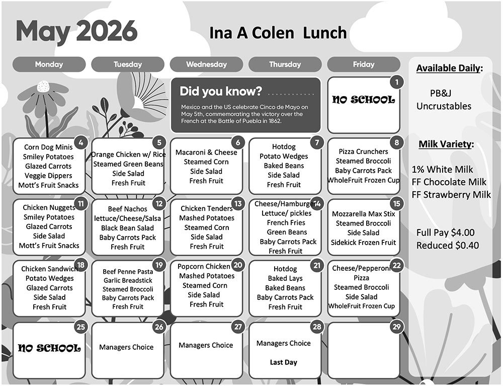 IACA May 2026 Lunch menu