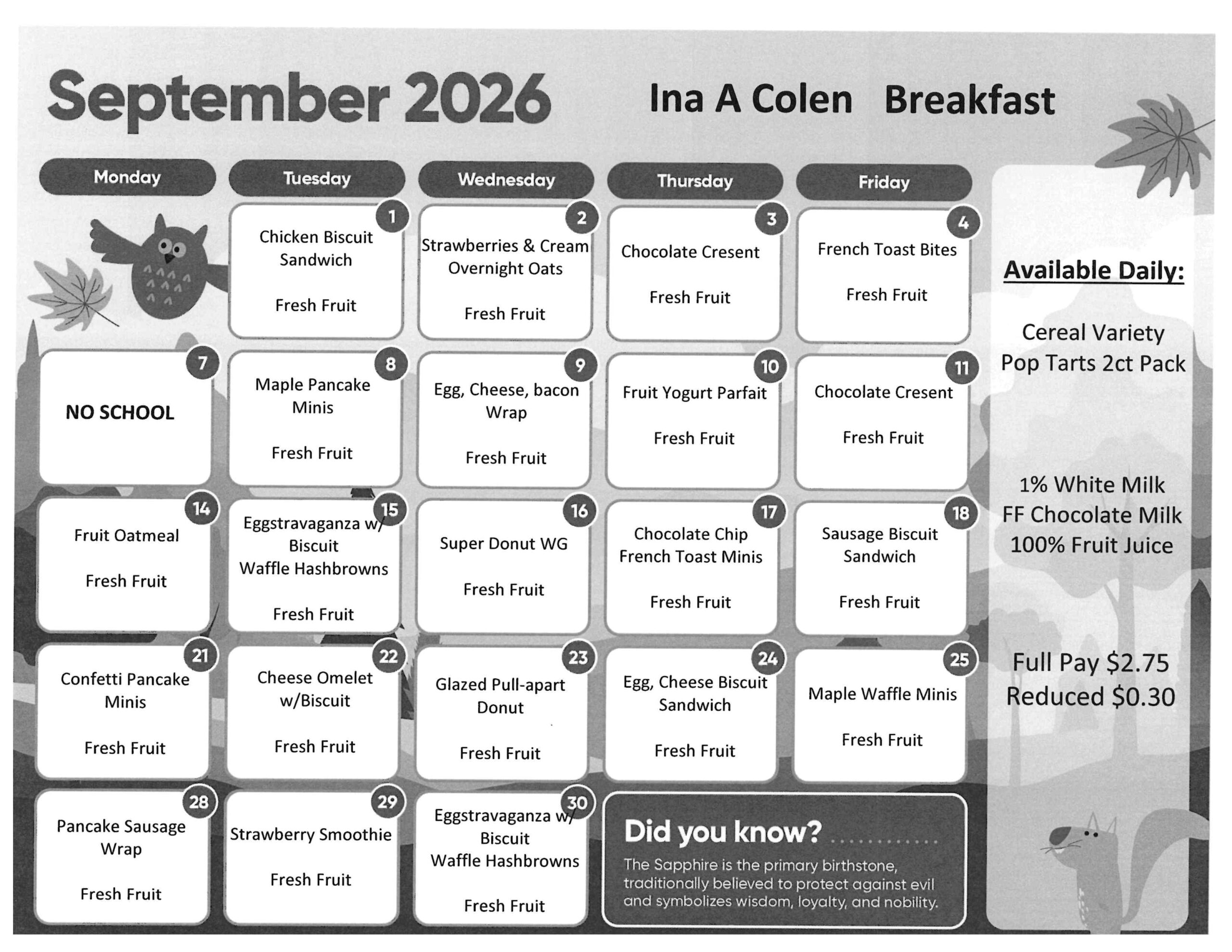 Breakfast calendar for September