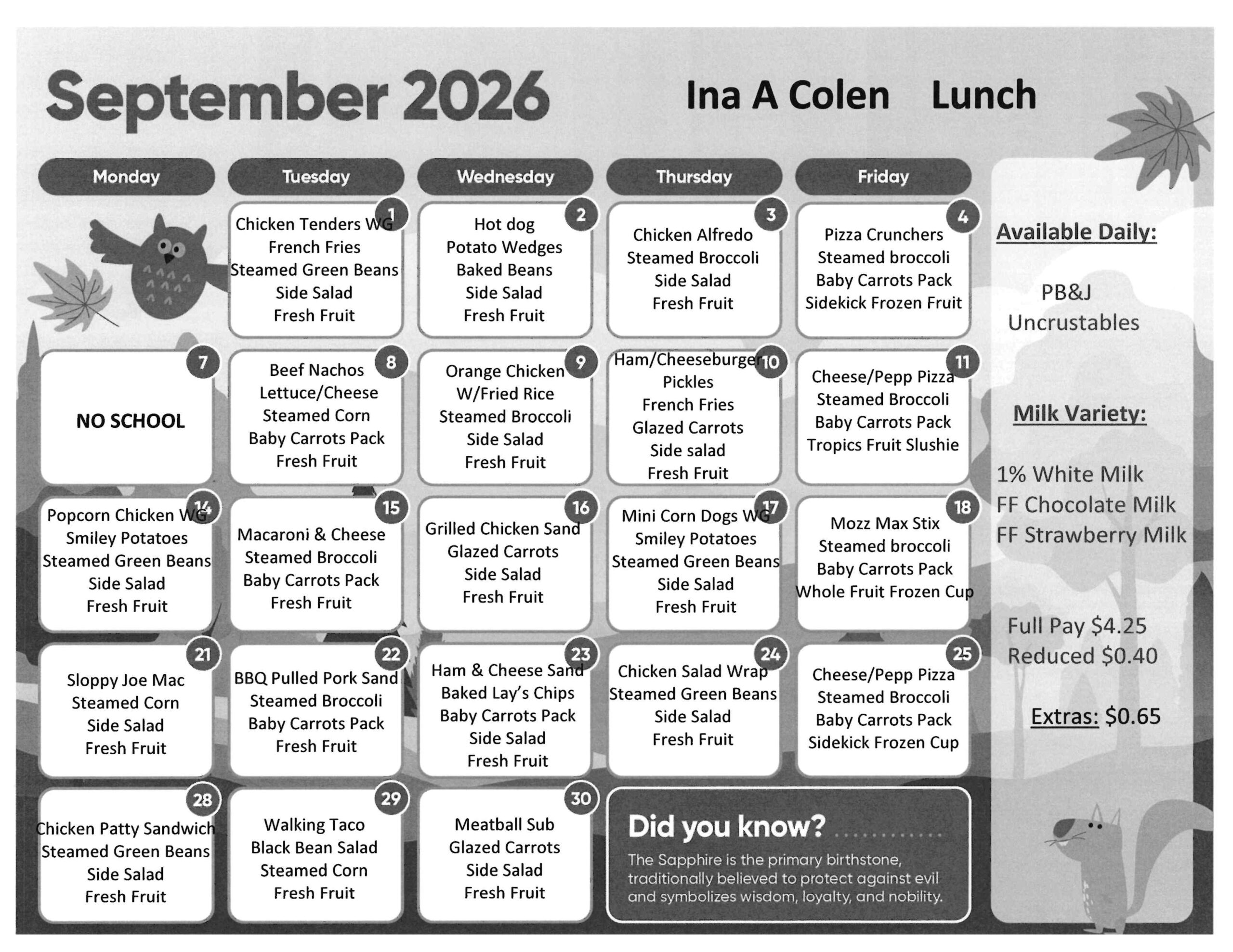 Lunch calendar for September