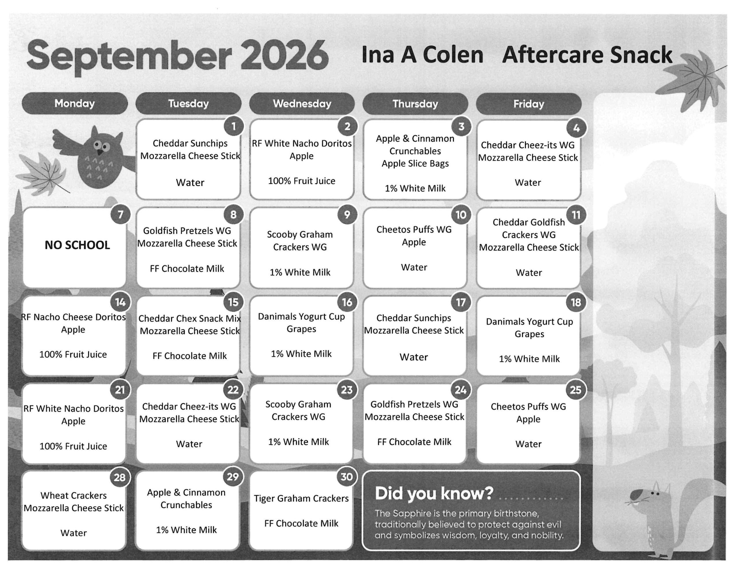 Aftercare Snack calendar for September