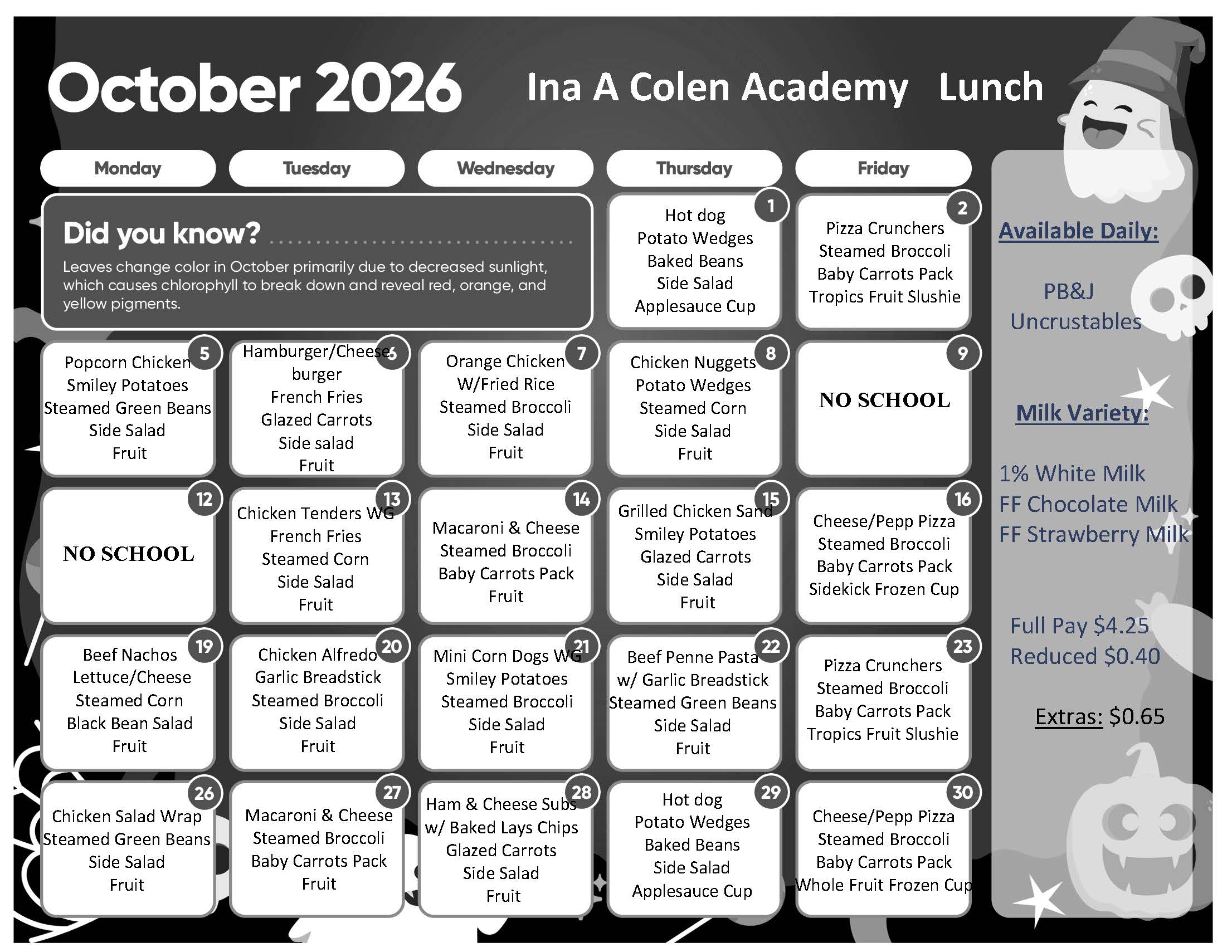 October lunch calendar