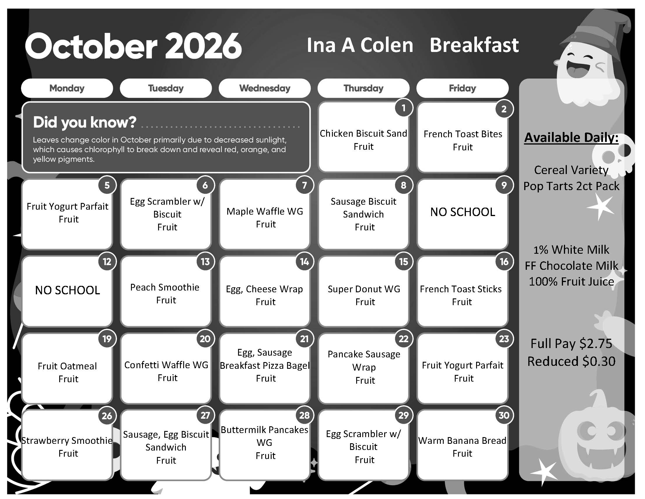 October breakfast calendar