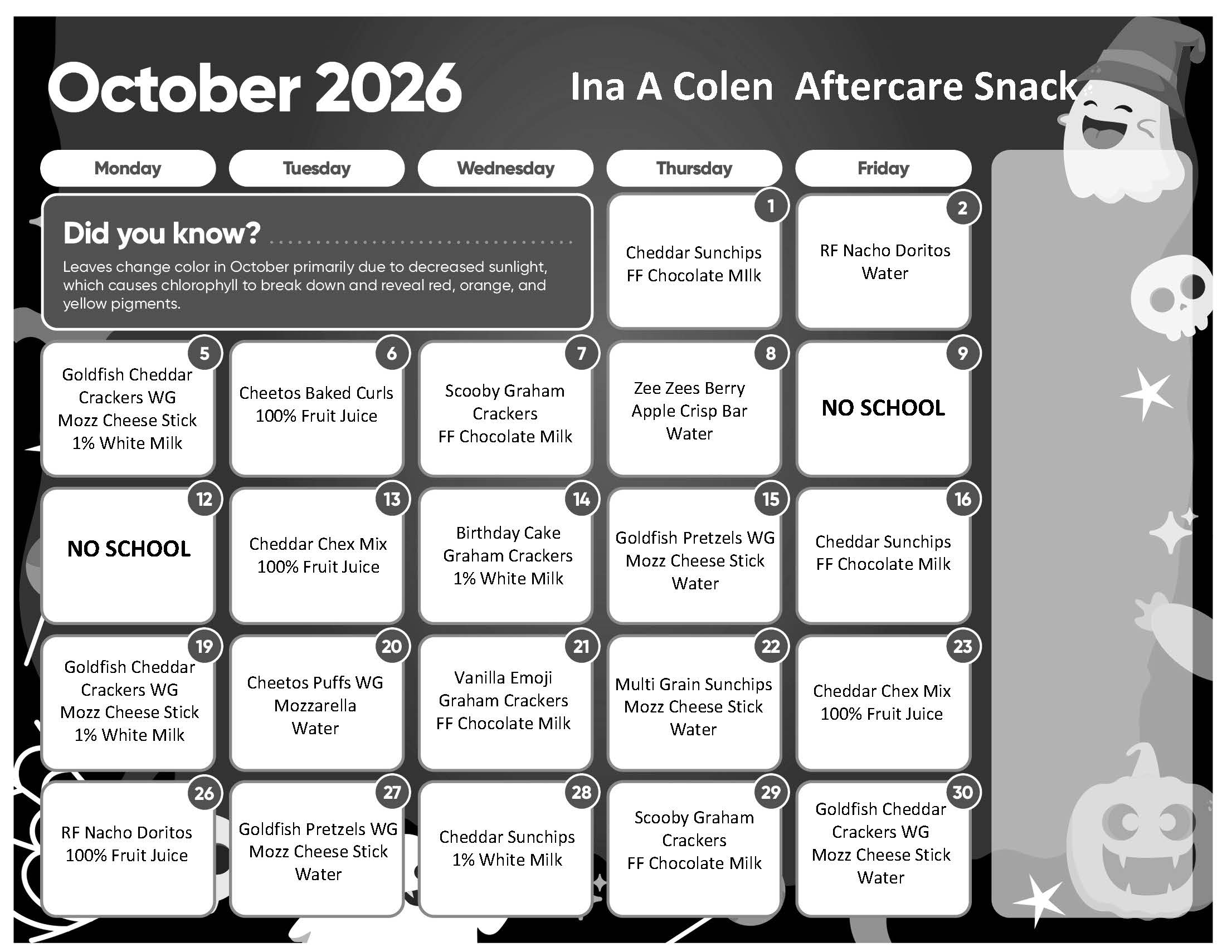 October aftercare snack calendar